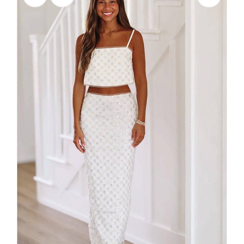 Floral sparkle crop top and midi skirt set cream